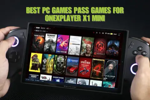 Ręce trzymają przenośną konsolę z widoczną listą gier na PC. To świetna game pass pc lista gier na OneXPlayer X1 Mini.