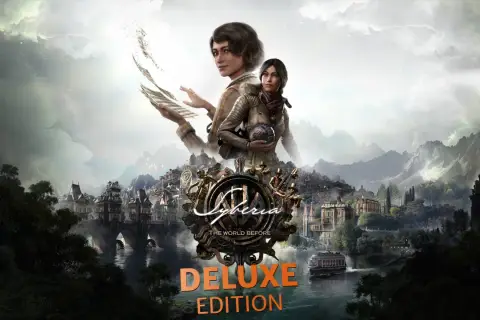 Dwie kobiety na tle parowego miasta i gór. W tle logo gry Syberia: The World Before Deluxe Edition.
