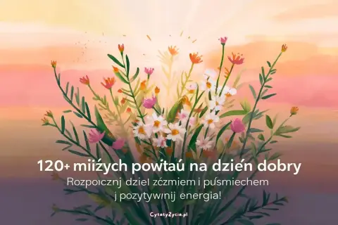Kwiaty na tle zachodzącego słońca. Znajdź inspirujące cytaty na dzień dobry, by zacząć dzień z uśmiechem i pozytywną energią.