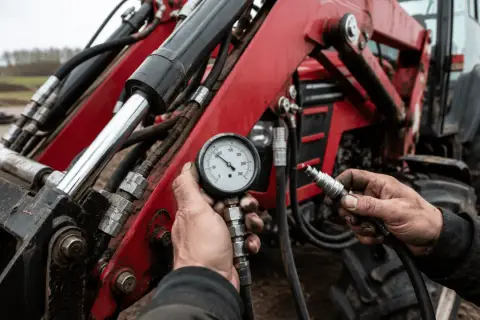 Mechanik sprawdza manometrem, dlaczego pompa nie daje ciśnienia w ładowarce.