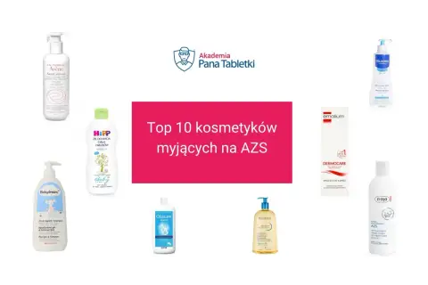 Top 10 kosmetyków myjących na AZS: Avène, HiPP, Babydream, Oilatum, Bioderma, Ziaja, Emolium, Mustela. Nivelium nie jest widoczny.