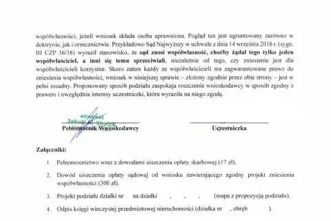 Dokument prawny dotyczący zniesienia współwłasności i podziału działki. Wniosek o wydzielenie działki z części wspólnej.