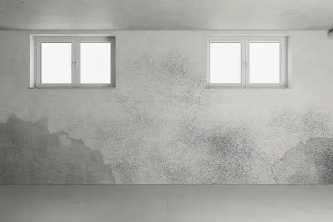 Ein feuchter Keller mit deutlichem **Schimmel im Keller** an den Wänden, zwei kleine Fenster und ein Rohr.