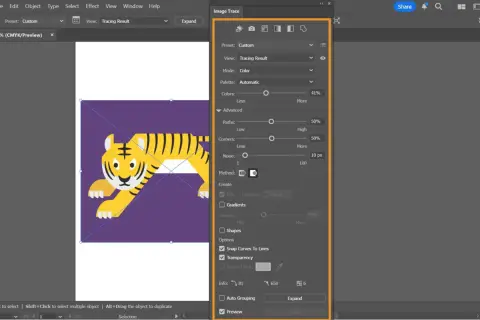 Ein Tigerbild wird mit dem Werkzeug "Bildnachzeichner" in Adobe Illustrator bearbeitet. Die Einstellungen für Pfade, Ecken und Rauschen sind sichtbar.