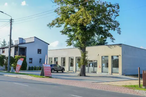 Nowoczesna hurtownia elektryczna w Imielinie. Obok budynku rośnie okazałe drzewo.