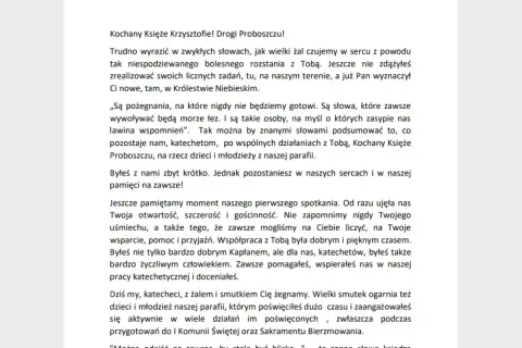 Pożegnanie zmarłego czytane przez księdza wzór. List pożegnalny od parafian do proboszcza, wyrażający żal i wdzięczność za jego posługę.