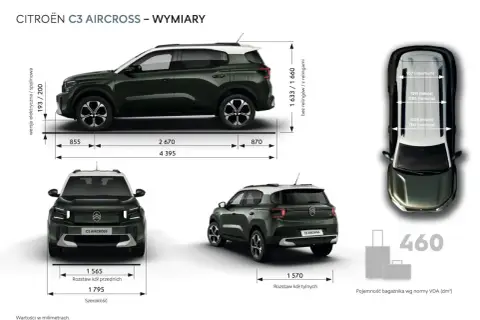 Citroën C3 Aircross wymiary: długość 4395 mm, szerokość 1795 mm, wysokość 1633/1660 mm. Bagażnik 460 dm³.