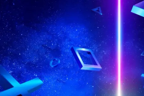 Gwieździste niebo z symbolami PlayStation. Trójkąt, kwadrat, kółko i krzyżyk unoszą się w kosmosie, a między nimi rozbłyska neonowy promień.