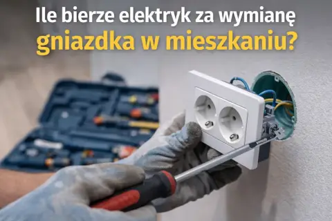 Elektryk w rękawicach dokonuje wymiany gniazdka, używając śrubokręta. W tle widoczna skrzynka z narzędziami.