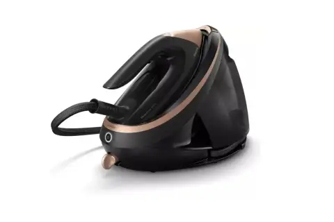 Czarny generator pary Philips PerfectCare 9000, lider w rankingu żelazek parowych, z miedzianymi detalami.