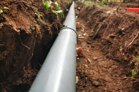 Wykonanie drenażu rozsączającego: szary rów z rurą, przygotowany do odprowadzania wody.