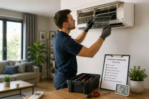 Technik w rękawiczkach wyjmuje filtr z klimatyzatora. Obok skrzynka z narzędziami i lista kontrolna.
