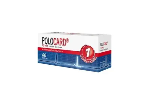 Opakowanie leku Polocard 75 mg, zawierające 60 tabletek dojelitowych z kwasem acetylosalicylowym. Stosowany profilaktycznie, jedna tabletka na dobę.