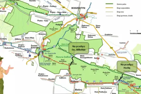 Mapa turystyczna Gór Świętokrzyskich na weekend. Znajdziesz tu szlaki piesze, drogi i ciekawe miejsca.