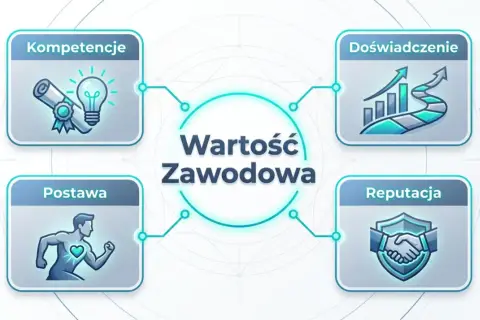 Wykres przedstawia cztery kluczowe elementy budujące wartość zawodową: kompetencje, doświadczenie, postawę i reputację. Rozwijanie tych umiejętności to klucz do sukcesu.