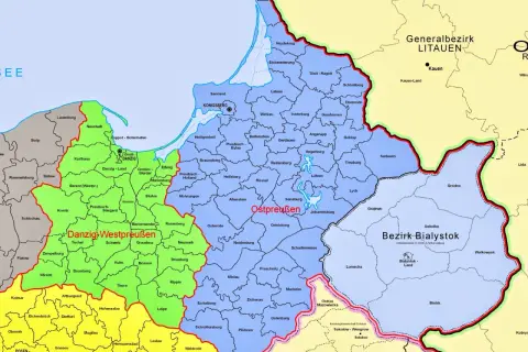 Mapa administracyjna z podziałem na rejony: Danzig-Westpreußen, Ostpreußen i Generalbezirk Litauen.