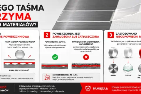 Niska energia powierzchniowa, zabrudzenia i zły dobór taśmy to przyczyny słabej przyczepności. Kluczowe są właściwości adhezyjne.