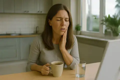 Donna con mano sulla guancia, viso sofferente, forse per un palato infiammato. Tazza di tè e bicchiere d'acqua sul tavolo.