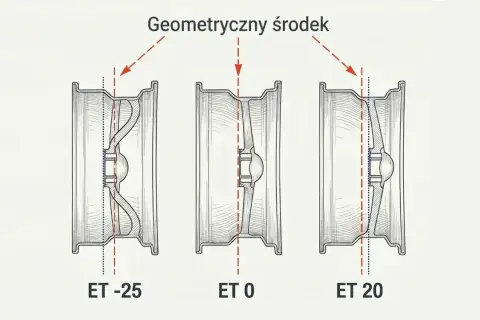 Ilustracja porównuje trzy felgi z różnym ET: -25, 0 i 20. Pokazuje, jak zmienia się położenie geometrycznego środka felgi względem jej płaszczyzny montażowej.