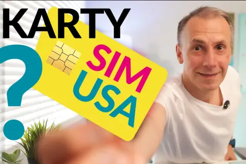 Co to jest karta SIM? Żółta karta SIM USA z napisem "SIM USA" i złotym chipem. Obok duży niebieski znak zapytania.