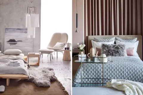 Två sovrum i ljusa toner. Till vänster ett minimalistiskt rum med träfärgad säng och konst. Till höger ett mysigt rosa sovrum med sammetsgardiner och en elegant säng.