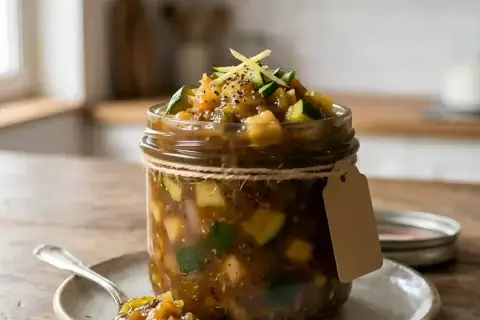 Un bocal de chutney de courgettes, garni de gingembre et de poivre, prêt à être dégusté.