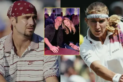 Andre Agassi w bandanie i Steffi Graf w akcji. W środku para, Andre Agassi i Steffi Graf, razem.