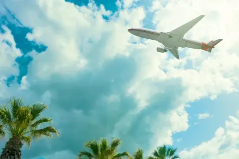 Avión surcando el cielo azul con nubes, palmeras abajo. ¡Listos para vuelos a Zanzibar!