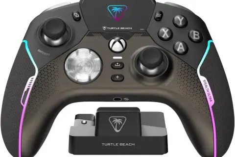 Elegancki kontroler Turtle Beach Stealth Ultra z podświetleniem RGB i stacją ładującą.