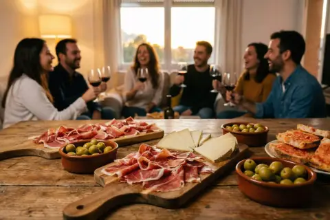 Przyjaciele cieszą się winem i pysznymi tapas: szynką, oliwkami i pieczywem z pomidorami.