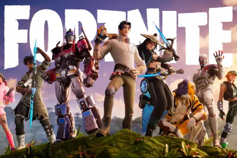Postacie z Fortnite, w tym Optimus Prime, na tle logo gry. Ciekawe fakty o Fortnite czekają!
