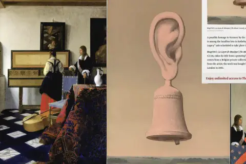Surrealistyczny uszny dzwon, hołd po polsku dla Vermeera. Obraz z kobietami przy klawesynie.