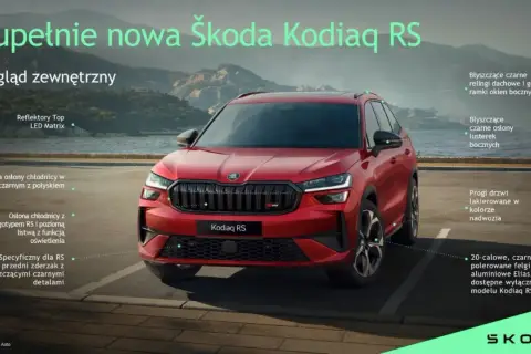 Czerwona, nowa Škoda Kodiaq RS z czarnymi detalami, błyszczącymi relingami dachowymi i 20-calowymi felgami.