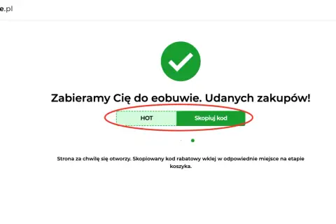 Zielony znaczek z haczykiem, przycisk "HOT Skopiuj kod" i tekst informacyjny.