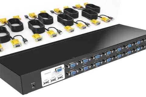 Przełącznik KVM z wieloma portami VGA i USB, idealny do zarządzania wieloma komputerami. Ten system displaylink ułatwia podłączenie i kontrolę.