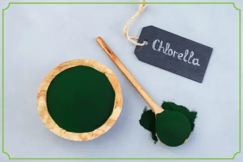 Chlorella tabletki na co pomaga? Zielony proszek w misce i na łyżce, obok tabliczka z napisem "Chlorella".