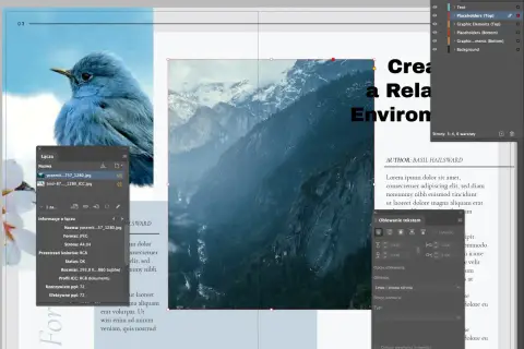 Projekt w **Adobe Design**: ptak na tle gór, z panelami warstw i linków.
