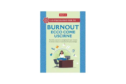 Copertina libro "Burnout Ecco Come Uscirne". Una donna medita alla scrivania, circondata da icone di stress. Utile per chi soffre di burnout mamma come uscirne.