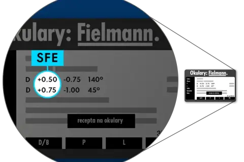 Recepta na okulary Fielmann z korekcją wad wzroku: D +0.50 -0.75 140° i D +0.75 -1.00 45°.