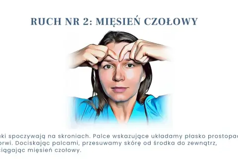 Masaż twarzy: ruch nr 2, mięsień czołowy. Palce wskazujące od brwi do skroni, przesuwając skórę od środka na zewnątrz.
