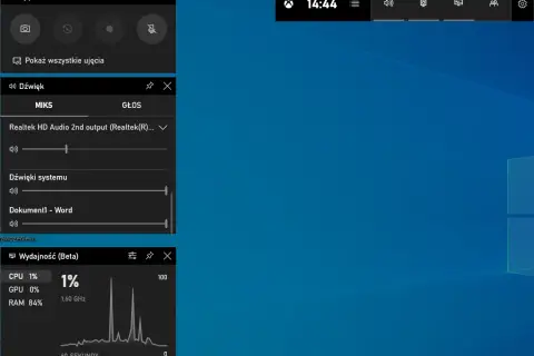 Zrzut ekranu Windows 10 z widocznymi panelami Ujęcie, Dźwięk i Wydajność (Beta).