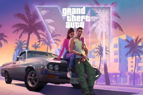 Para GTA 6 wymagania, para siedzi na samochodzie na tle palem i neonów.
