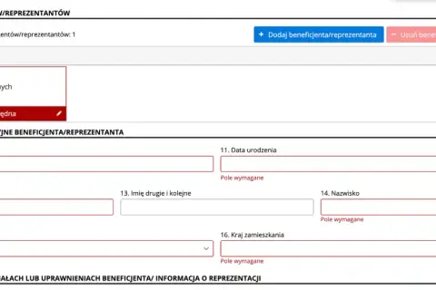 Formularz do wprowadzania danych beneficjenta rzeczywistego, widoczne pola PESEL, imię, nazwisko, data urodzenia. Centralny rejestr beneficjentów rzeczywistych.
