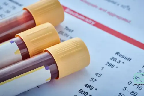 Próbki krwi w probówkach z żółtymi nakrętkami leżą na papierze z wynikami badań. Może to być badanie dla ukochanego psa.
