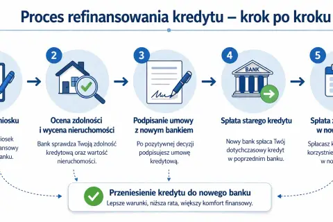 Proces refinansowania kredytu hipotecznego: złożenie wniosku, ocena zdolności, podpisanie umowy, spłata starego kredytu i zobowiązania w nowym banku.