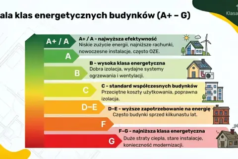 Skala klas energetycznych budynków (A+ - G) pokazuje charakterystykę energetyczną budynków, od A+ (najwyższa efektywność) do G (najniższa).