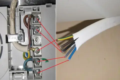 Połączenia elektryczne: przewody fazowe, neutralne i ochronne podłączone do zacisków.