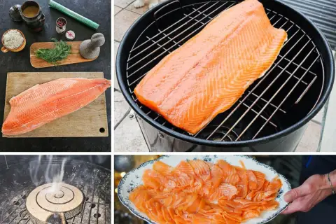 Collage de saumon cru, fumoir, fumée et saumon fumé tranché.