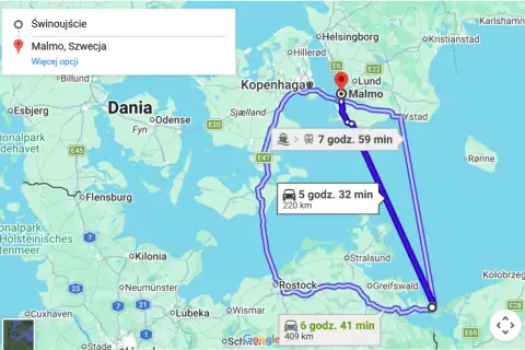 Trasa promowa ze Świnoujścia do Malmo, Szwecja. Widoczne opcje podróży samochodem i promem.