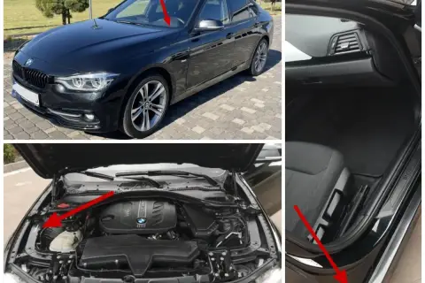 Jak sprawdzić kolor skóry BMW? Na zdjęciach widać czarne BMW, pod maską i wewnątrz. Czerwone strzałki wskazują miejsca z informacjami.